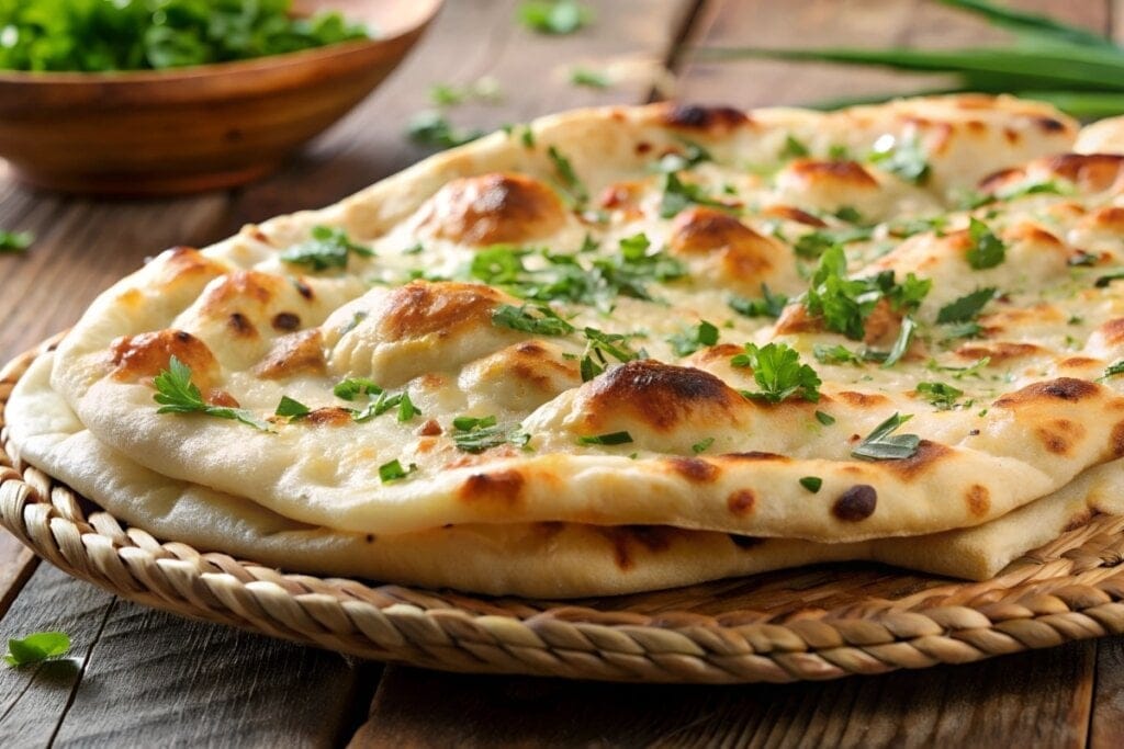 Naan servido em cima de prato de palha 