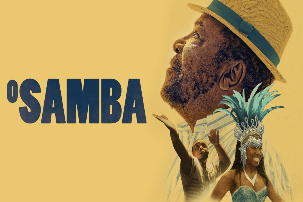 Imagem em amarelo escrito o nome do filme e a imagem do cantor Martinho da Vila com outras duas pessoas abaixo