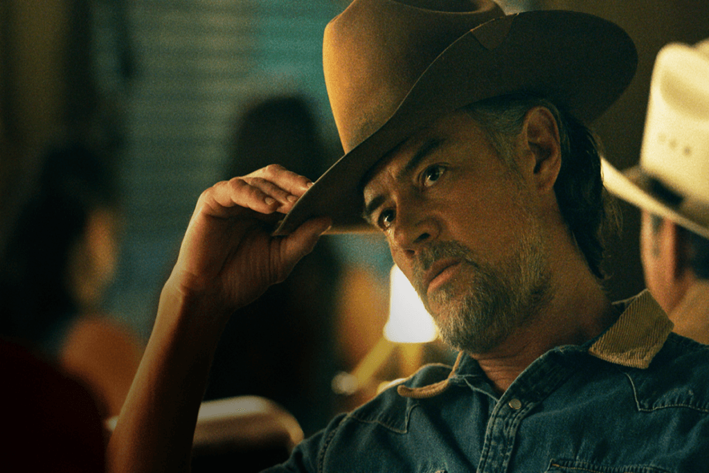 Imagem de um homem com barba e chapéu de cowboy com a mão na aba do chapéu