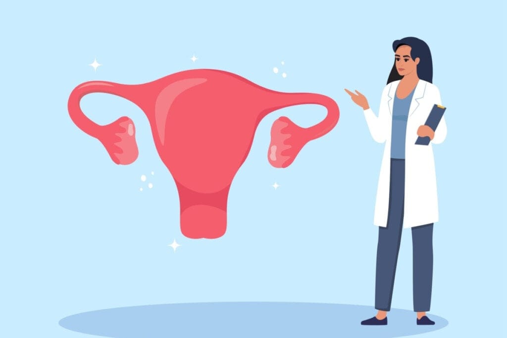 Ilustração de médica ao lado de útero